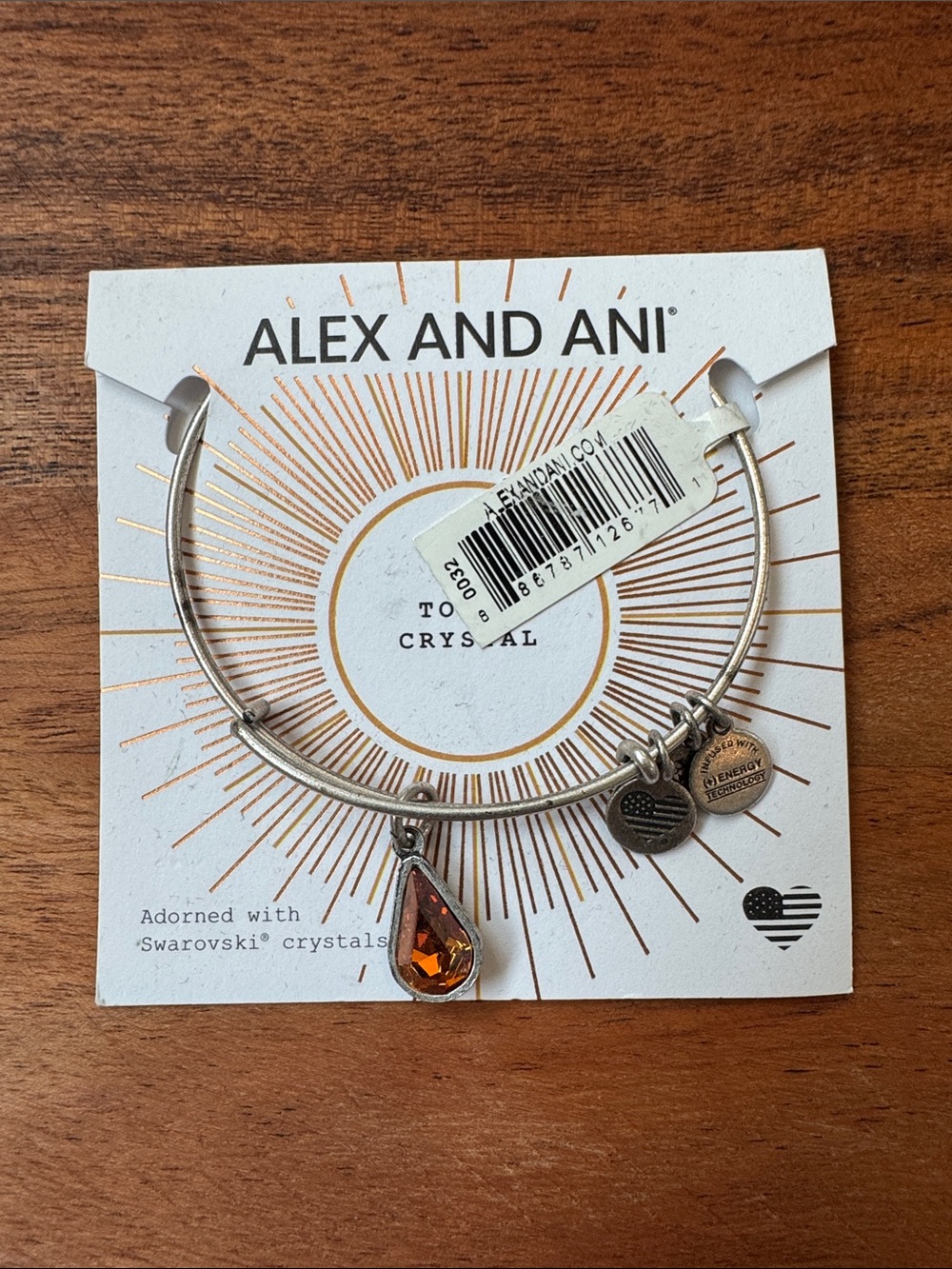 Alex and Ani Silver Bangle with Amber Teardrop Crystal Charm